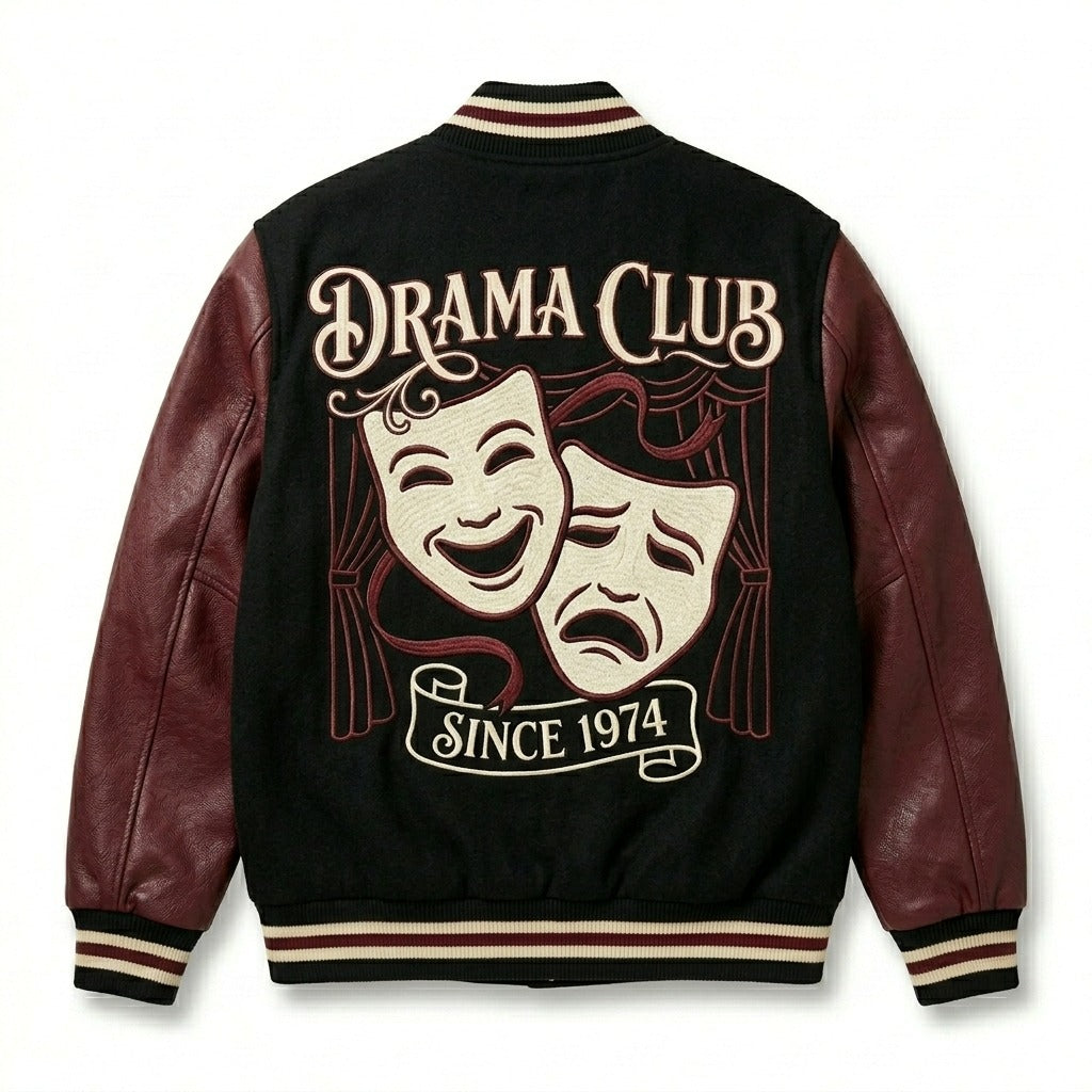 Drama Club Varsity Jacket Black & Burgundy Letterman Jacket by DesignMyVarsity