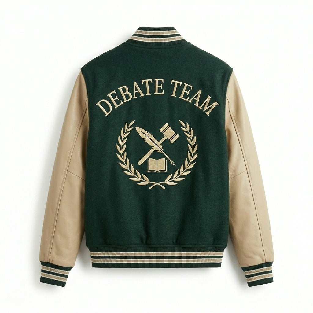 Debate Team Varsity Jacket Green & Tan Letterman Jacket by DesignMyVarsity