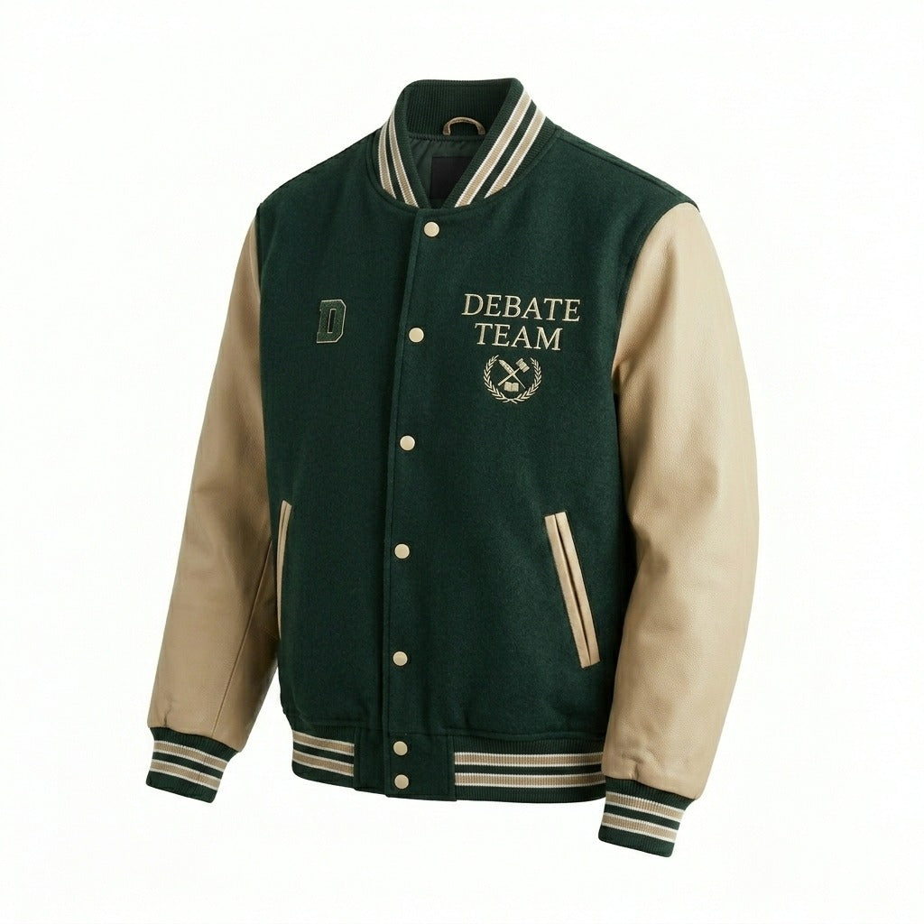 Debate Team Varsity Jacket Green & Tan Letterman Jacket by DesignMyVarsity