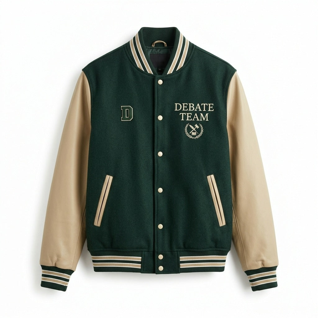Debate Team Varsity Jacket Green & Tan Letterman Jacket by DesignMyVarsity