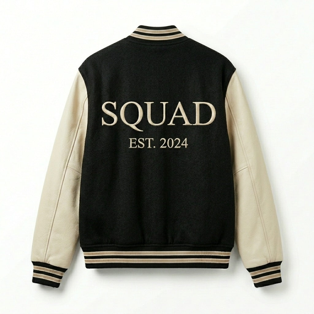Squad Varsity Jacket Black & Cream Letterman Jacket by DesignMyVarsity
