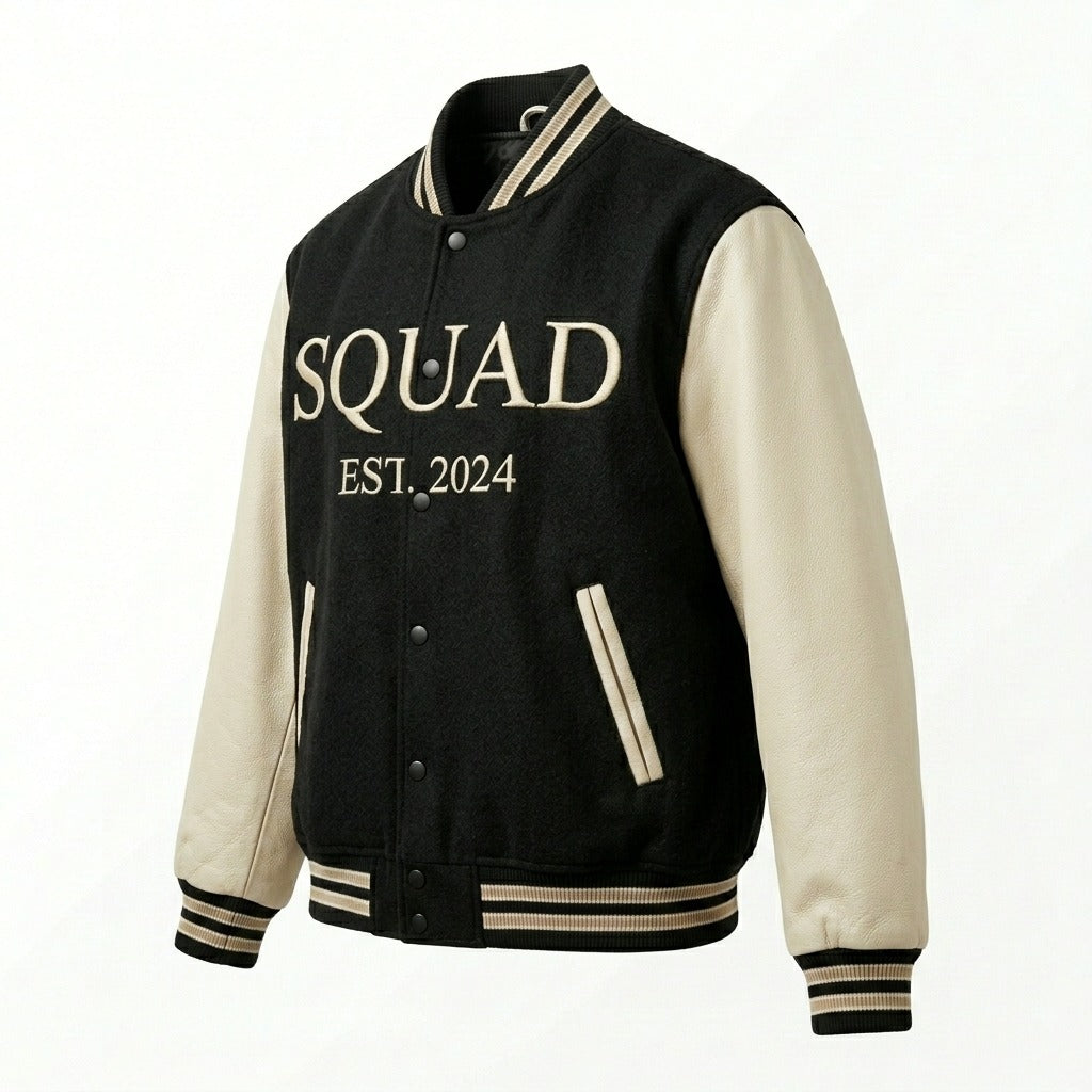 Squad Varsity Jacket Black & Cream Letterman Jacket by DesignMyVarsity