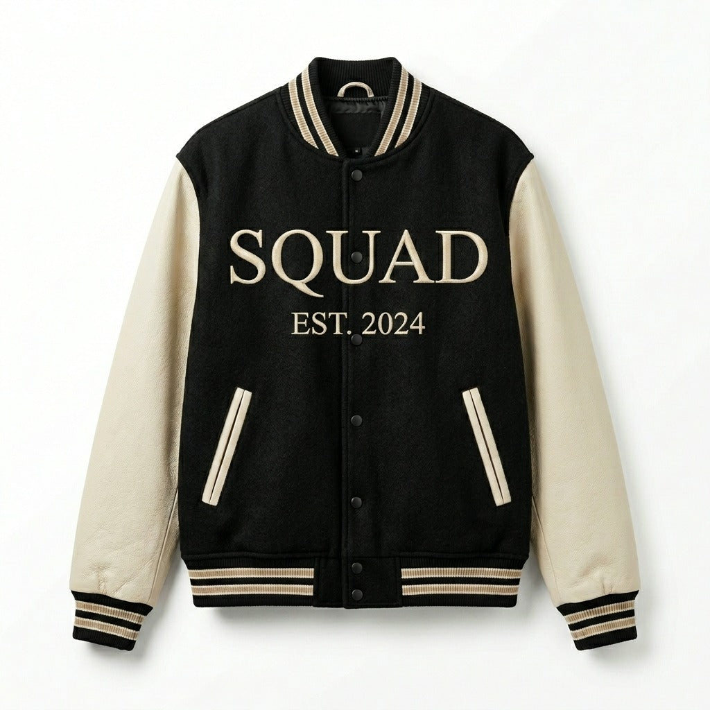 Squad Varsity Jacket Black & Cream Letterman Jacket by DesignMyVarsity