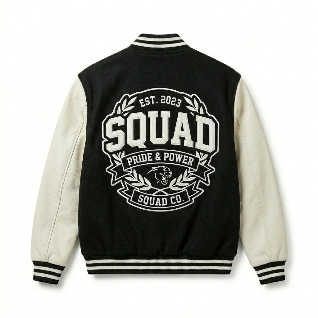 Squad Varsity Jacket Black & White Letterman Jacket by DesignMyVarsity