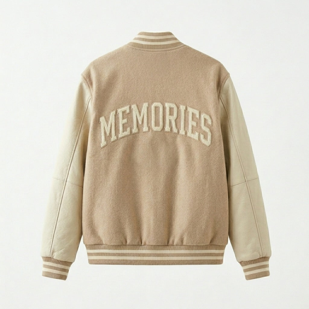Memories Varsity Jacket Beige & Cream Letterman Jacket by DesignMyVarsity