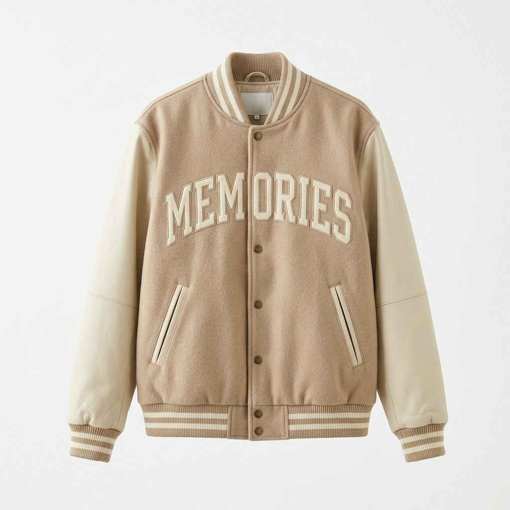 Memories Varsity Jacket Beige & Cream Letterman Jacket by DesignMyVarsity
