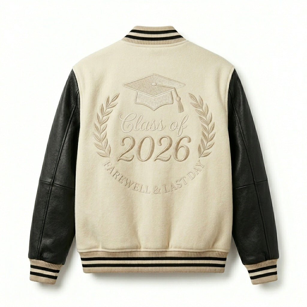 Class of 2026 Farewell Varsity Jacket Beige & Black Letterman Jacket by DesignMyVarsity