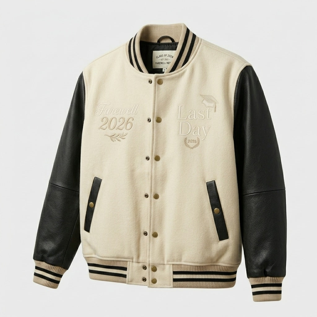 Class of 2026 Farewell Varsity Jacket Beige & Black Letterman Jacket by DesignMyVarsity