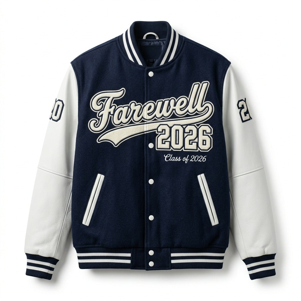 Farewell 2026 Varsity Jacket Navy & White Letterman Jacket by DesignMyVarsity