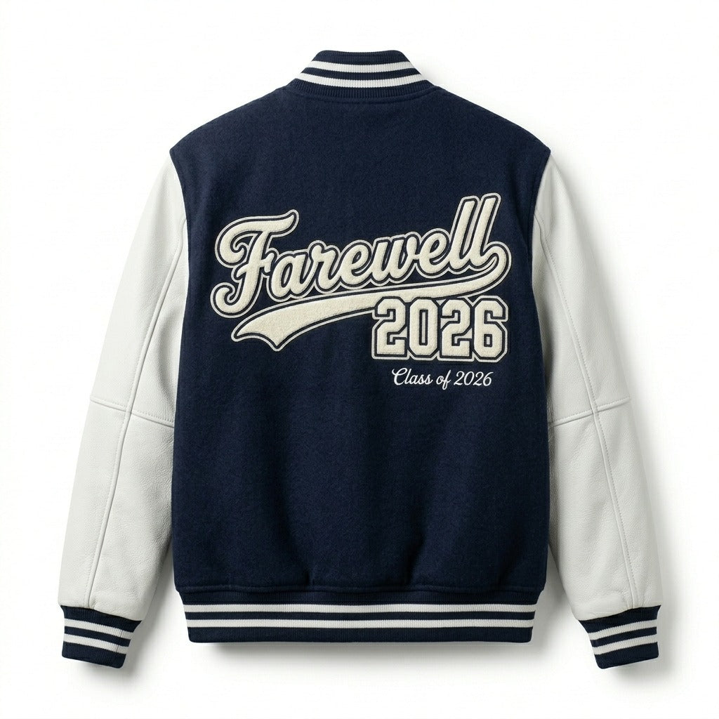 Farewell 2026 Varsity Jacket Navy & White Letterman Jacket by DesignMyVarsity