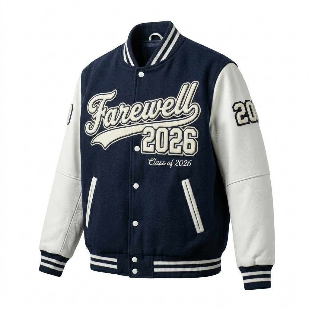 Farewell 2026 Varsity Jacket Navy & White Letterman Jacket by DesignMyVarsity