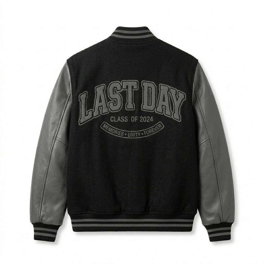 Last Day Varsity Jacket Black & Grey Letterman Jacket by DesignMyVarsity