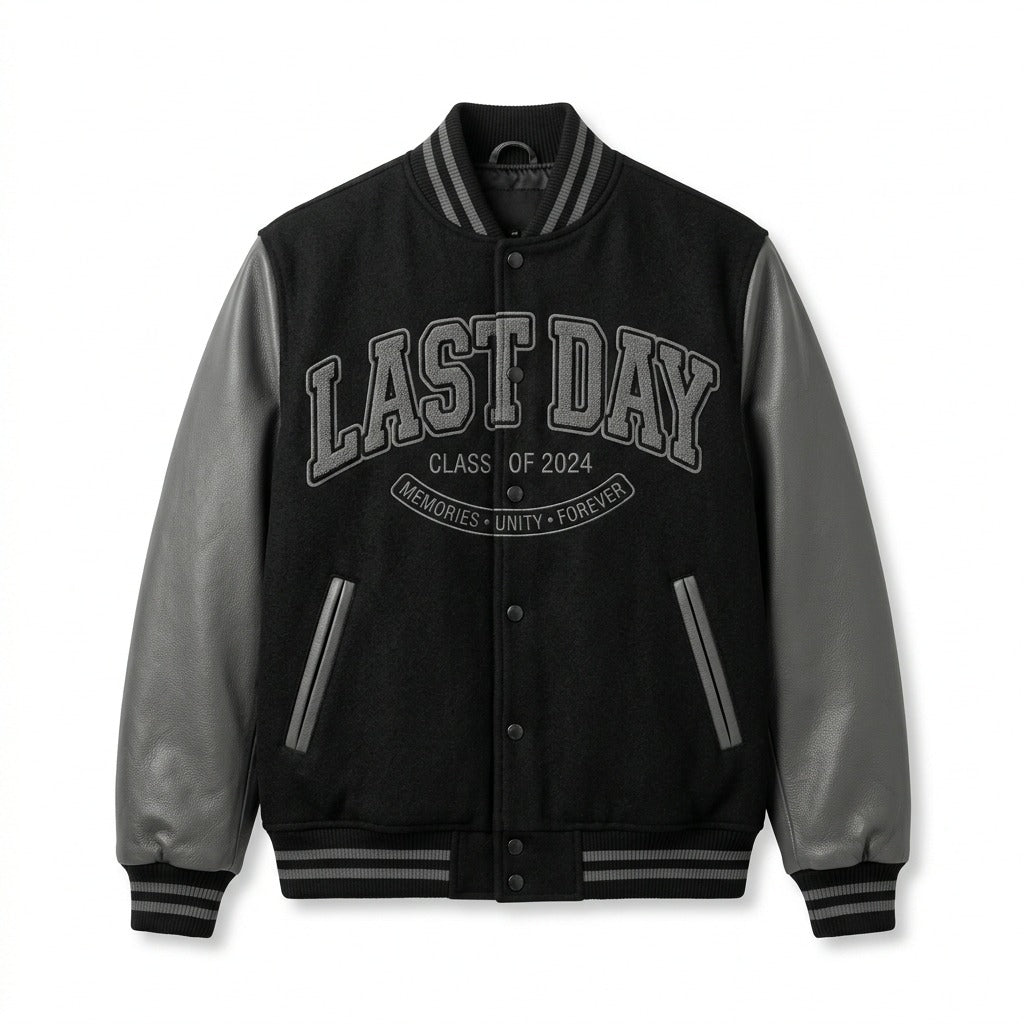 Last Day Varsity Jacket Black & Grey Letterman Jacket by DesignMyVarsity