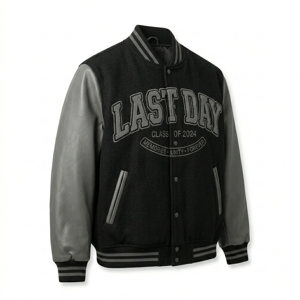 Last Day Varsity Jacket Black & Grey Letterman Jacket by DesignMyVarsity