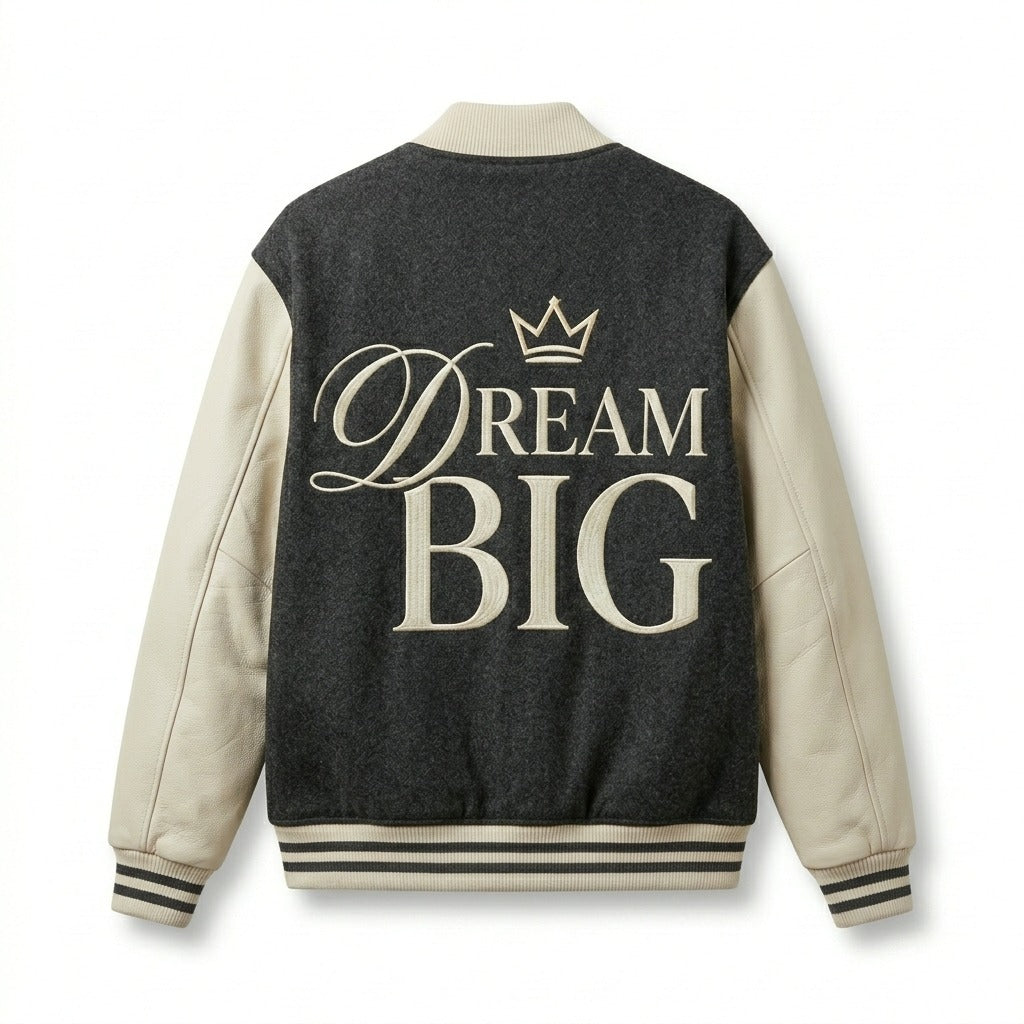 Dream Big Varsity Jacket Dark Gray & Beige Letterman Jacket by DesignMyVarsity
