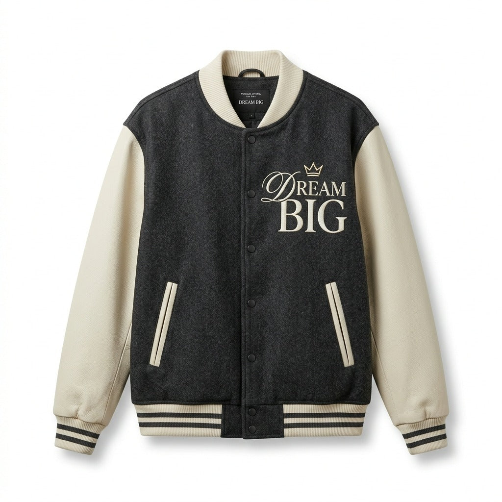 Dream Big Varsity Jacket Dark Gray & Beige Letterman Jacket by DesignMyVarsity