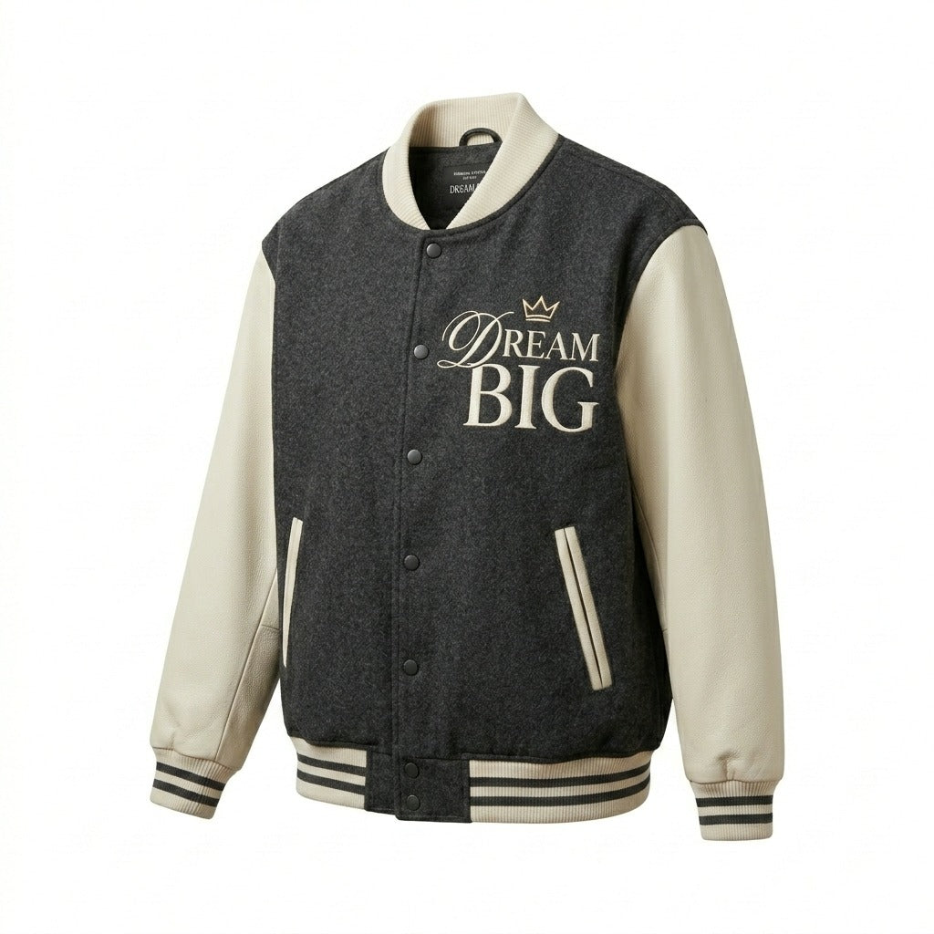 Dream Big Varsity Jacket Dark Gray & Beige Letterman Jacket by DesignMyVarsity