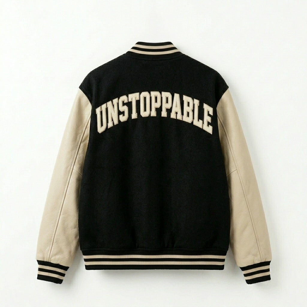 Unstoppable Varsity Jacket Black & Beige Letterman Jacket by DesignMyVarsity