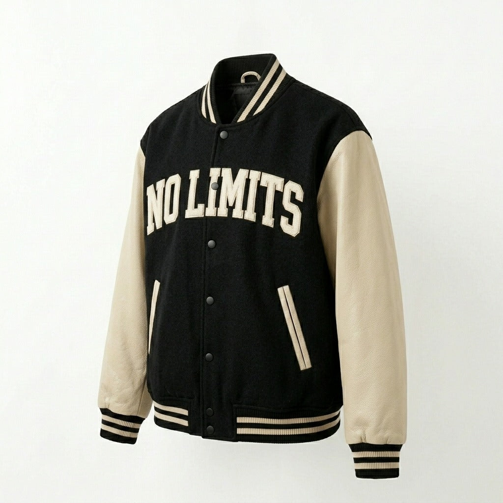 Unstoppable Varsity Jacket Black & Beige Letterman Jacket by DesignMyVarsity