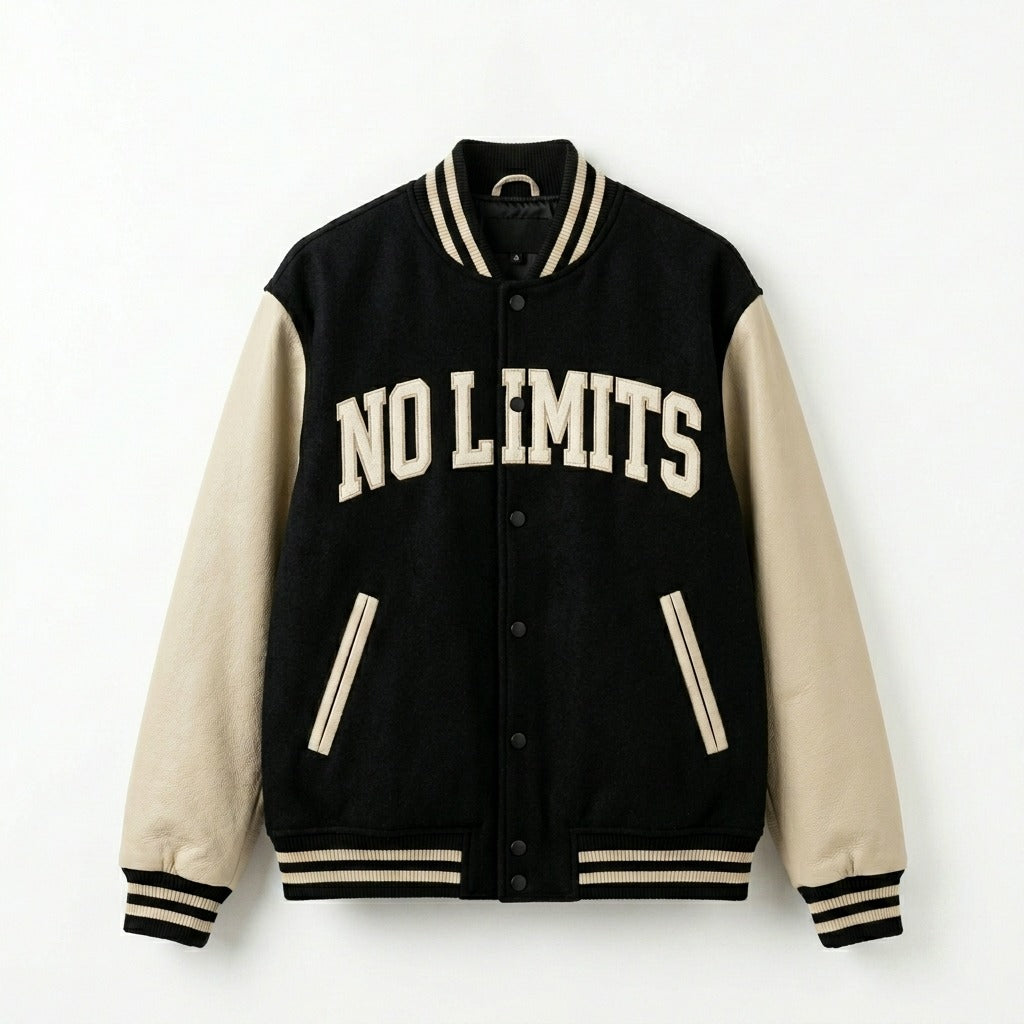 Unstoppable Varsity Jacket Black & Beige Letterman Jacket by DesignMyVarsity