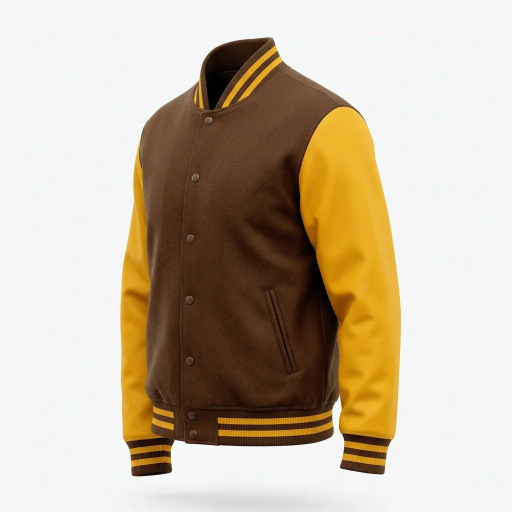 Brown Body Yellow Sleeve Varsity Jacket – Custom Letterman Jacket Streetwear for Men & Women by DesignMyVarsity