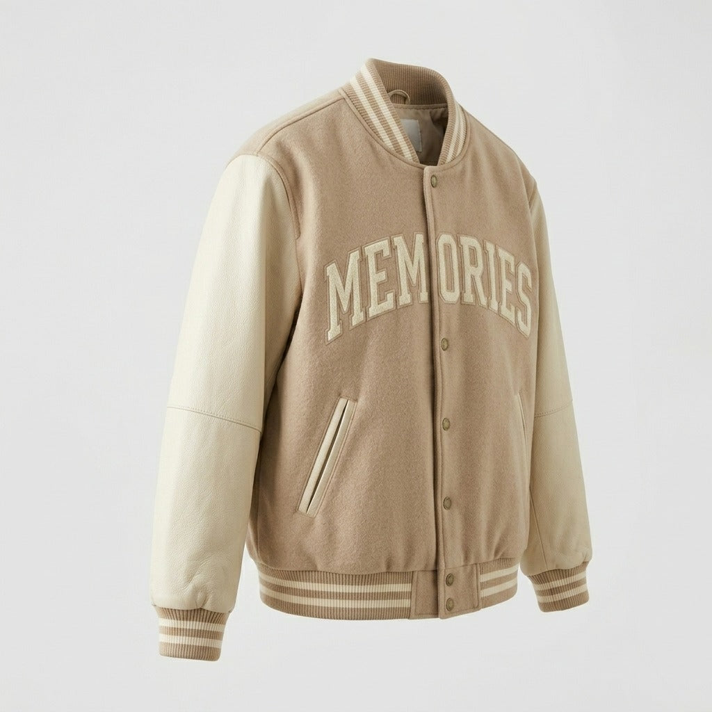 Memories Varsity Jacket Beige & Cream Letterman Jacket by DesignMyVarsity