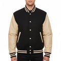 Varsity Bomber Letterman Black Wool & Cream Real Leather Sleeves Jacket