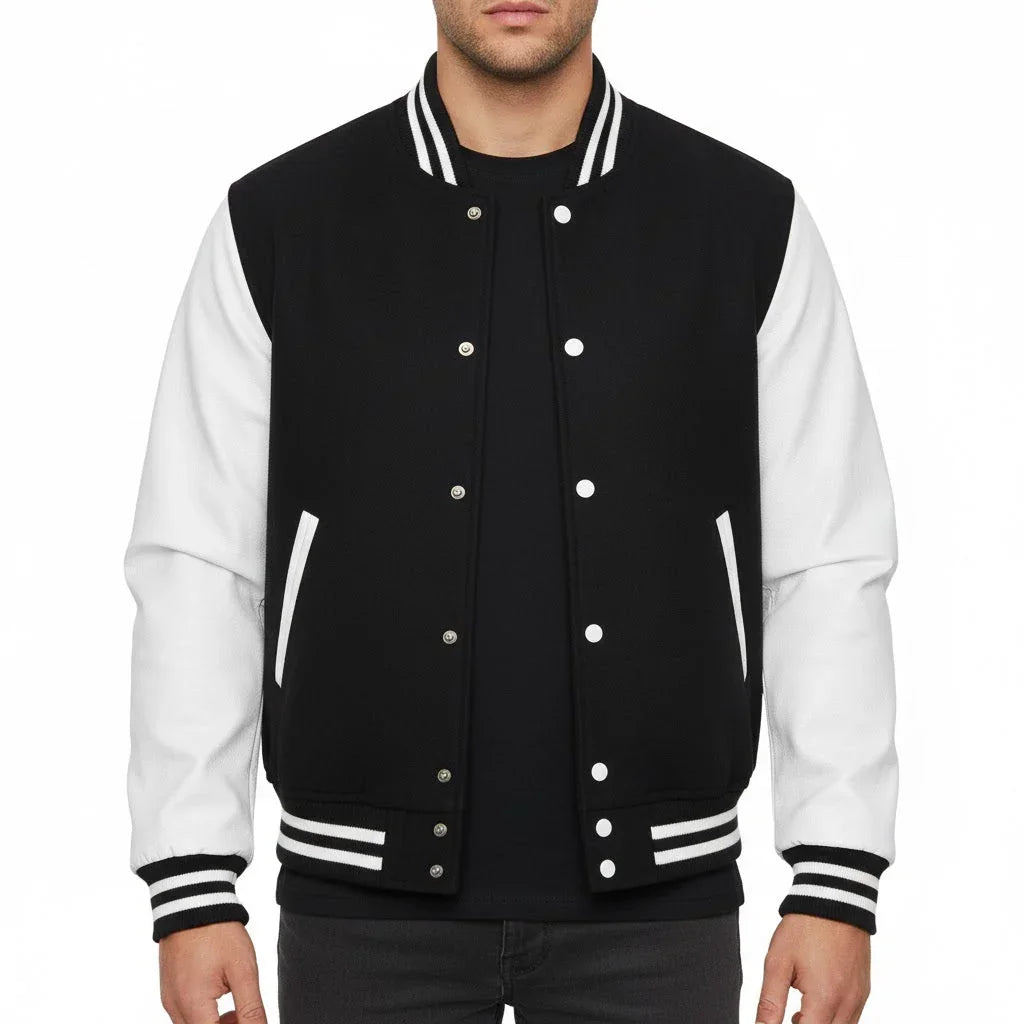 Varsity Letterman Black Wool & White Real Leather Sleeves Bomber Jacket