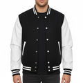 Varsity Letterman Black Wool & White Real Leather Sleeves Bomber Jacket