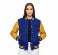 Women's Varsity Bomber Letterman Royal Wool & Gold Real Leather Sleeves Jacket