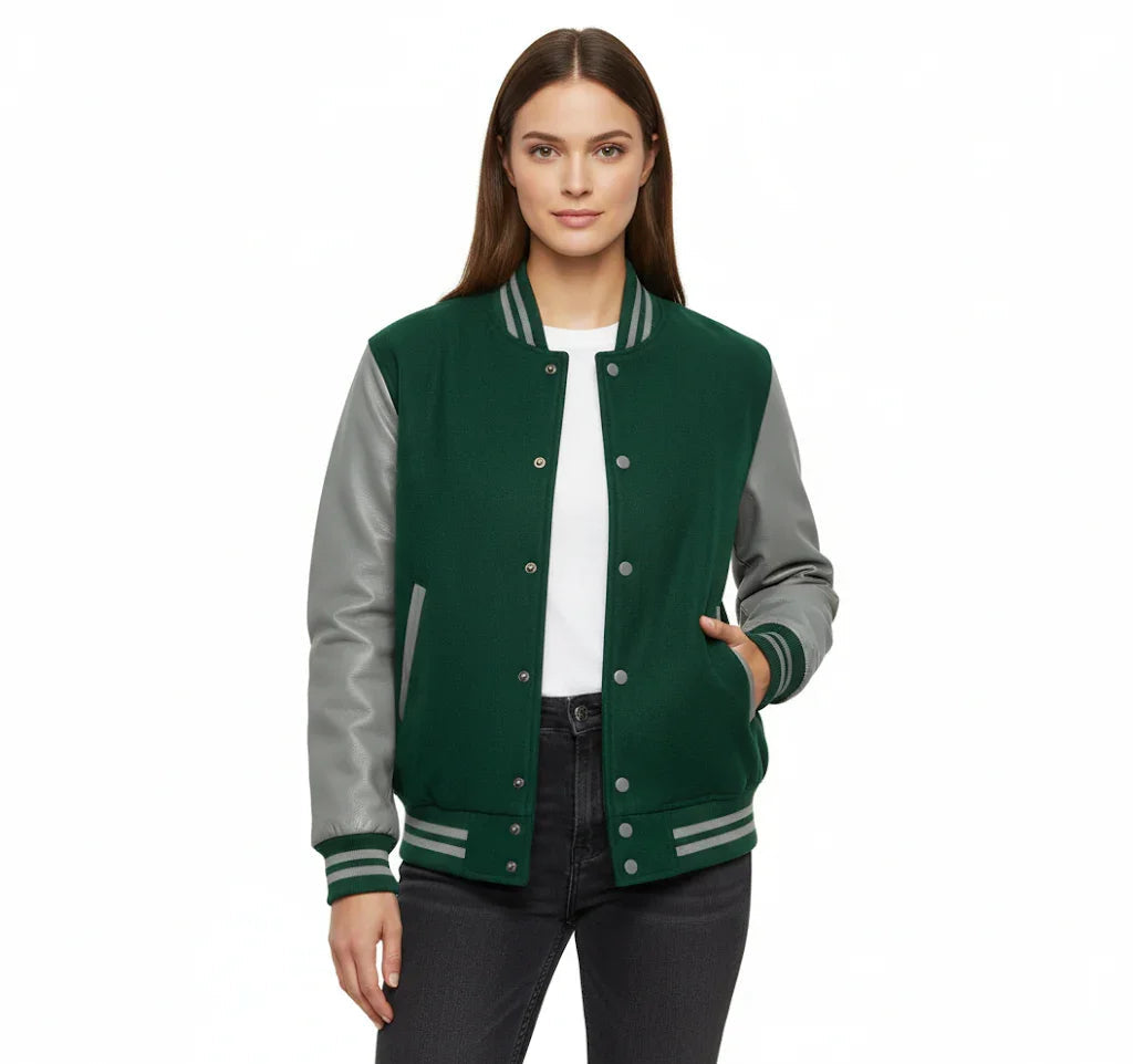 Women's Varsity Bomber Letterman Forest Green Wool & Gray Real Leather Sleeves Jacket