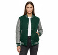 Women's Varsity Bomber Letterman Forest Green Wool & Gray Real Leather Sleeves Jacket