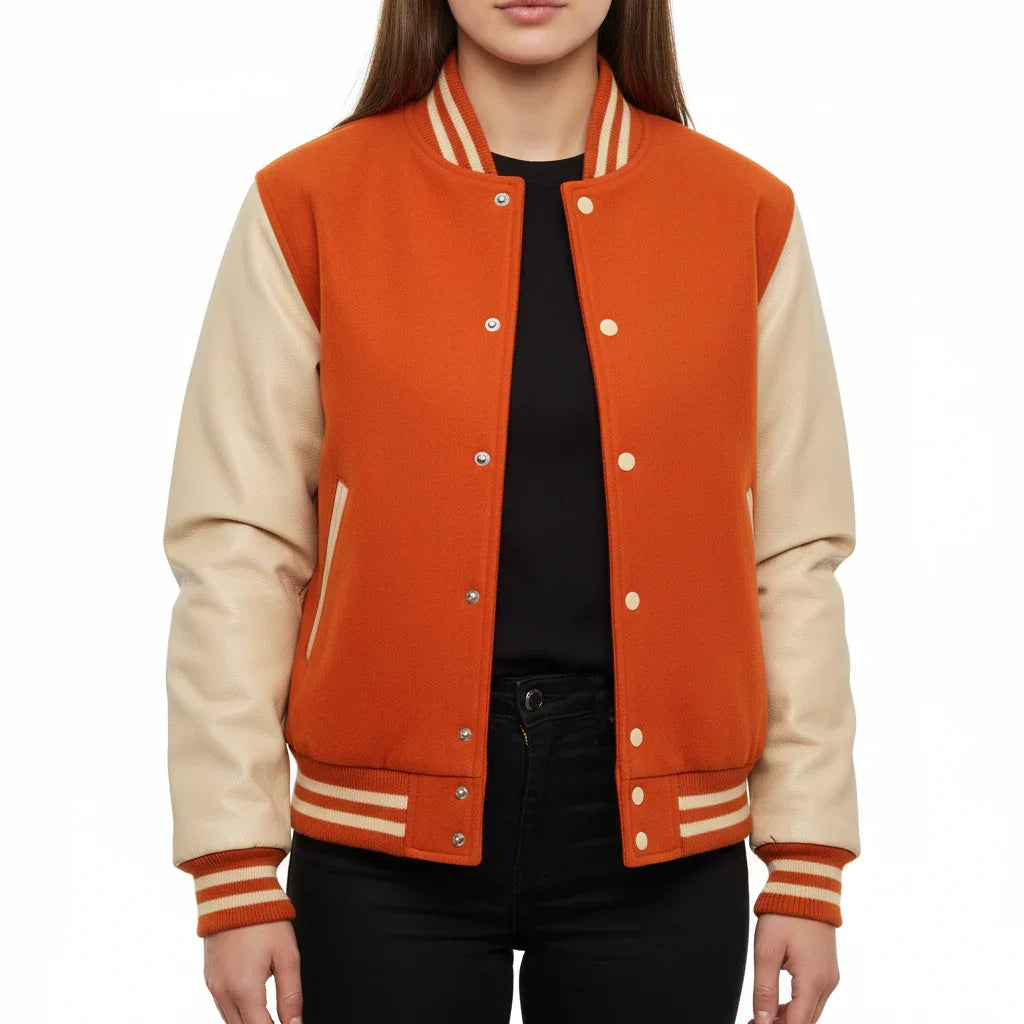 Women's Varsity Bomber Letterman Orange Wool & Cream Real Leather Sleeves Jacket