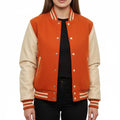 Women's Varsity Bomber Letterman Orange Wool & Cream Real Leather Sleeves Jacket
