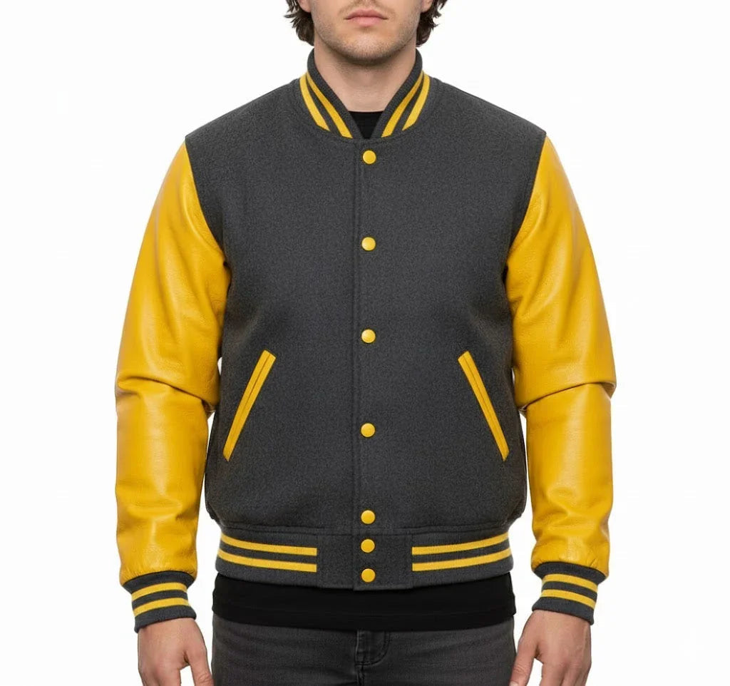 Varsity Bomber Letterman Dark Grey Wool & Yellow Real Leather Sleeves Jacket