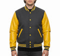 Varsity Bomber Letterman Dark Grey Wool & Yellow Real Leather Sleeves Jacket