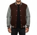 Varsity Bomber Letterman Brown Wool & Gray Real Leather Sleeves Jacket