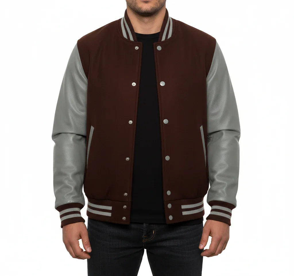 Varsity Bomber Letterman Brown Wool & Gray Real Leather Sleeves Jacket