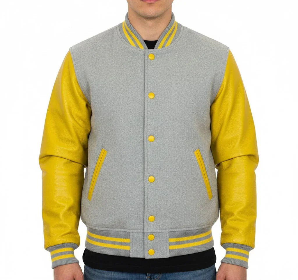 Varsity Bomber Letterman Lt.Gray Wool & Yellow Real Leather Sleeves Jacket