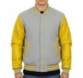 Varsity Bomber Letterman Lt.Gray Wool & Yellow Real Leather Sleeves Jacket