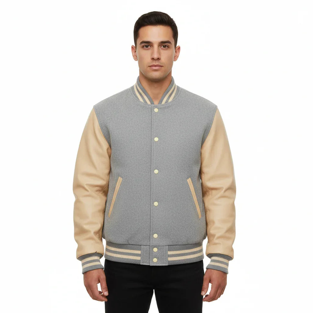 Varsity Bomber Letterman Lt.Gray Wool & Cream Real Leather Sleeves Jacket