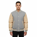 Varsity Bomber Letterman Lt.Gray Wool & Cream Real Leather Sleeves Jacket