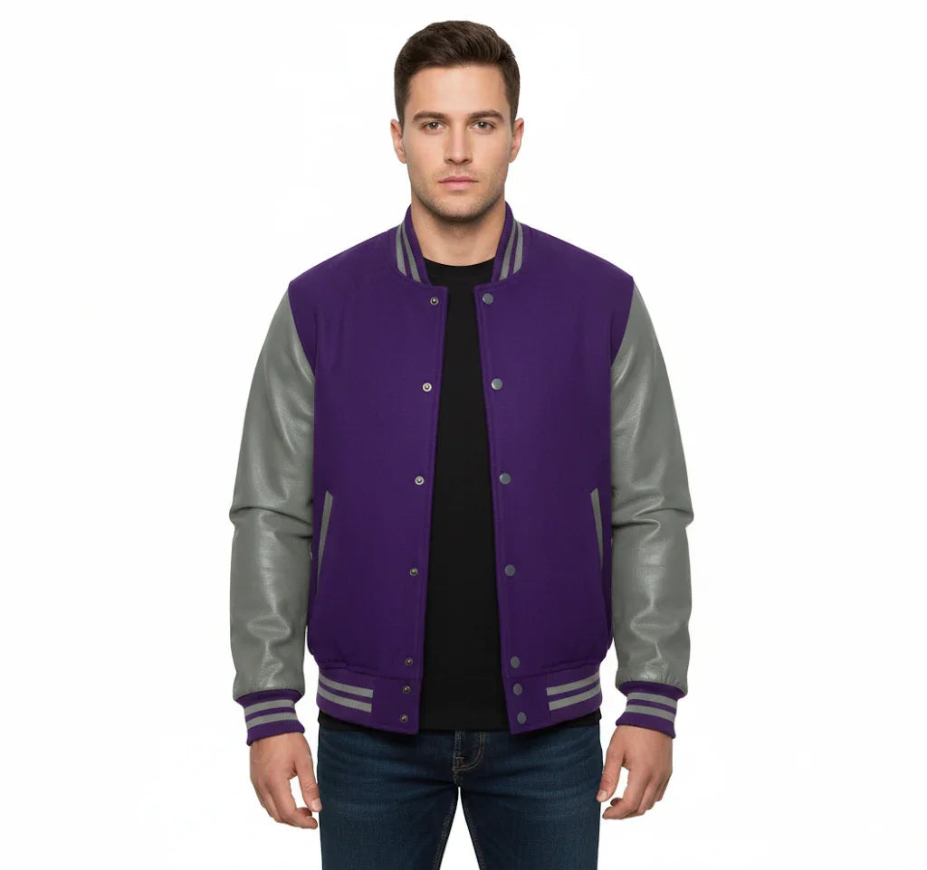 Varsity Bomber Letterman Purple Wool & Gray Real Leather Sleeves Jacket