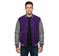 Varsity Bomber Letterman Purple Wool & Gray Real Leather Sleeves Jacket