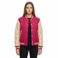Women's Varsity Bomber Letterman Hot Pink Wool & Cream Real Leather Sleeves Jacket