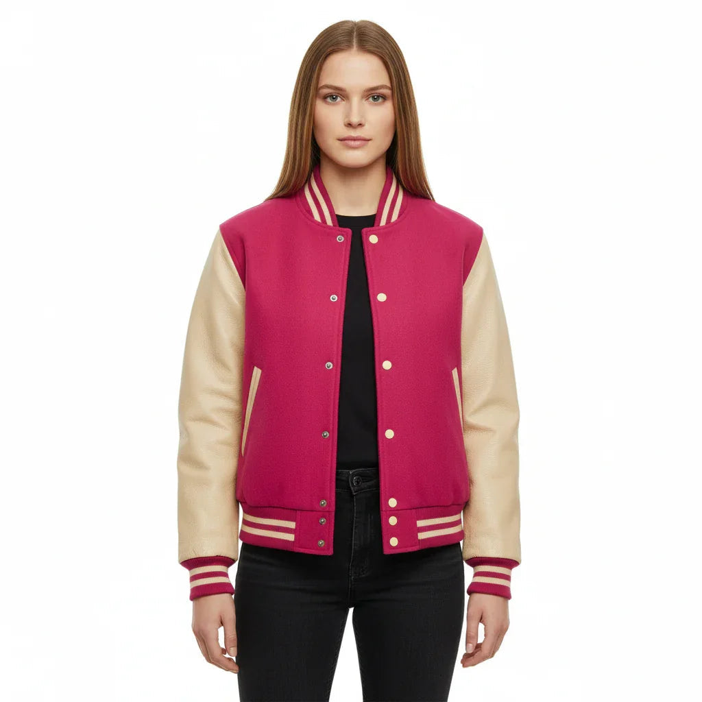 Women's Varsity Bomber Letterman Hot Pink Wool & Cream Real Leather Sleeves Jacket