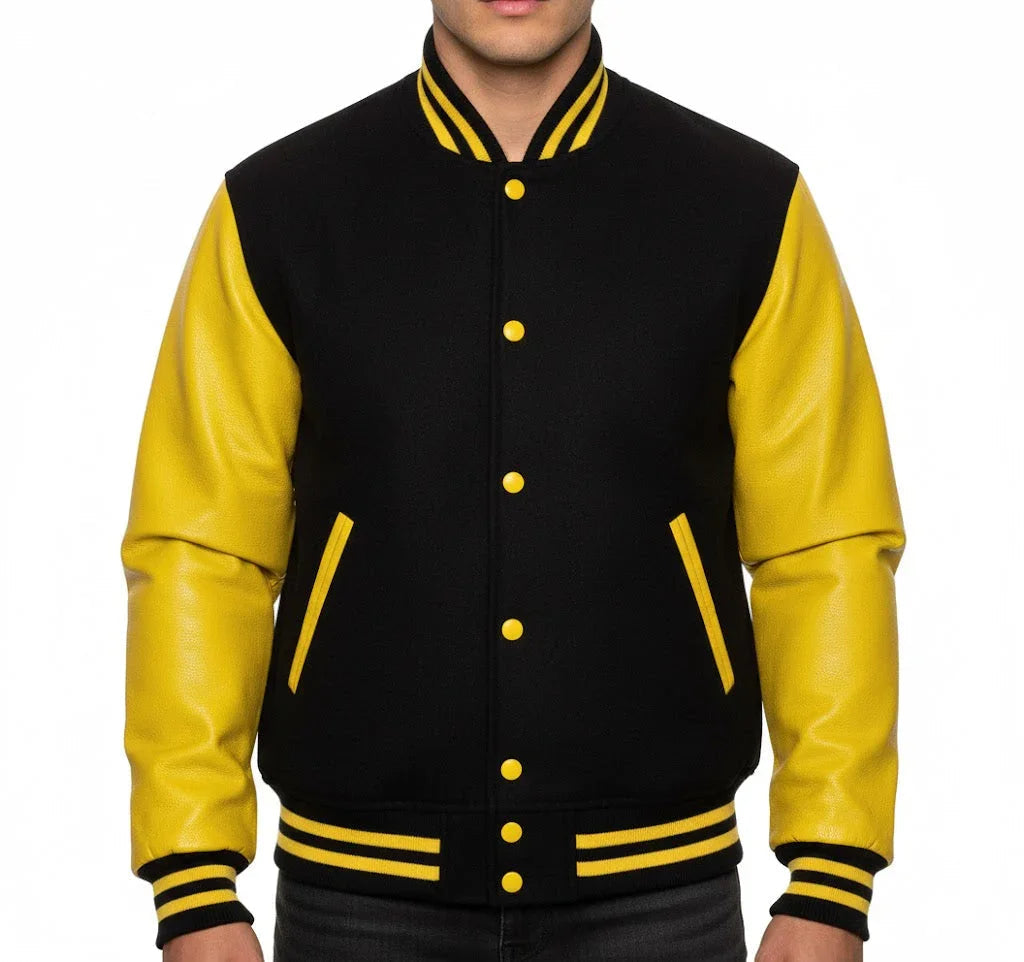 Varsity Bomber Letterman Black Wool & Yellow Real Leather Sleeves Jacket