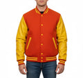 Varsity Bomber Letterman Orange Wool & Yellow Real Leather Sleeves Jacket