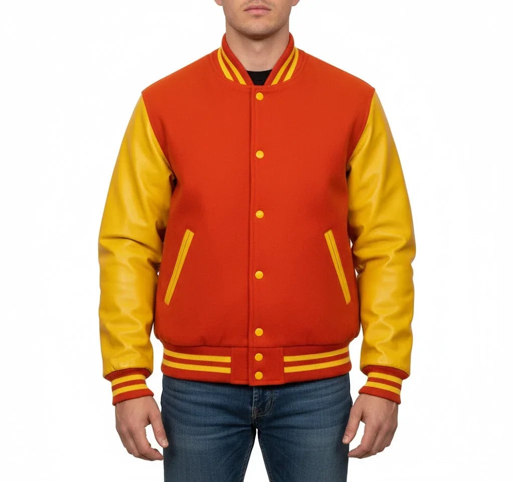 Varsity Bomber Letterman Orange Wool & Yellow Real Leather Sleeves Jacket