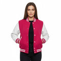 Women's Varsity Letterman Hot Pink Wool & White Real Leather Sleeves Bomber Jacket